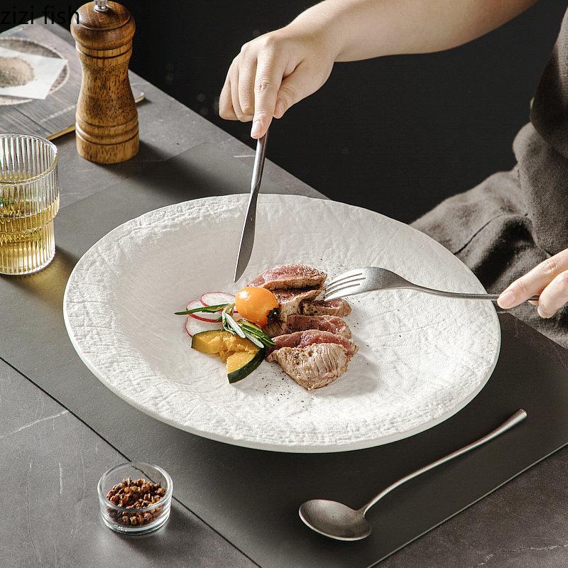 Керамические обеденные тарелки, фирменные тарелки для пасты, стейков, ресторанная креативная однотонная посуда, сервировочные блюда, закуски, десерты, сковорода, горшок