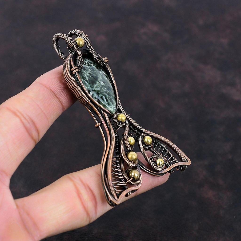 Подвеска из серафинита, подвеска, обмотанная медной проволокой, подвеска в виде рыбки, украшения из драгоценного камня серафинита, подвеска ручной работы, медные украшения, подарки на годовщину