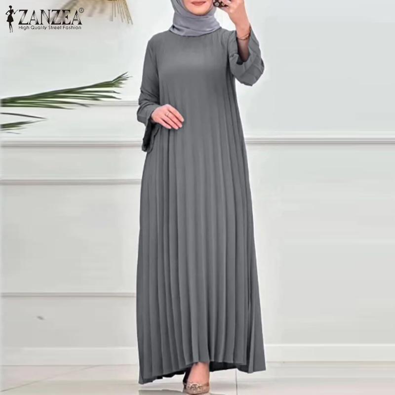 ZANZEA Женское повседневное свободное плиссированное платье с круглым вырезом и длинным рукавом