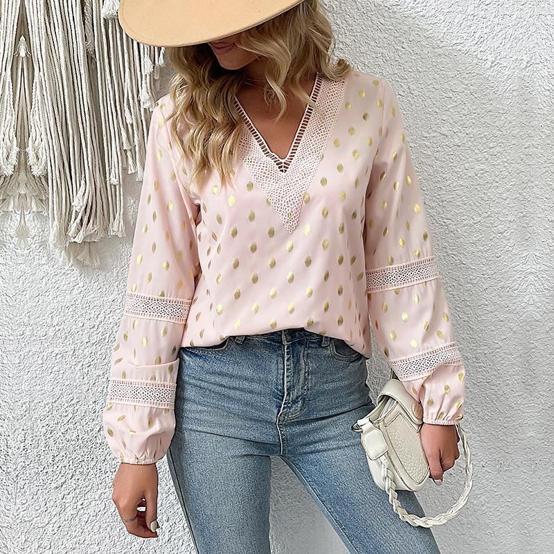 Women's Fashion Casual Polka Dot Print Long Sleeve V-Neck Blouses & Shirts