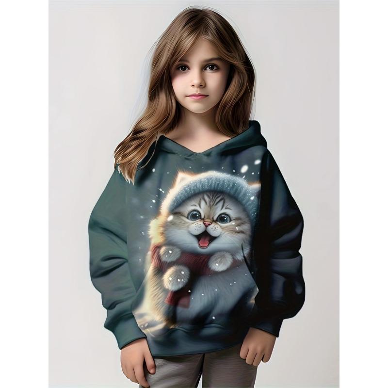 Детская одежда Толстовки с капюшоном с длинным рукавом с принтом мультяшного кота Осенняя детская одежда для девочек Kawaii Girl Top Outdoor Kids Girl Clothing