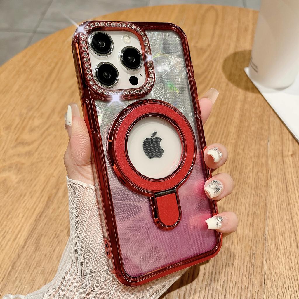 Подходит для чехла для телефона Iphone15, Алмаз для вспышки объектива, Apple 14promax, Градиентное перо, 13 Металлическая подставка, Жесткий чехол