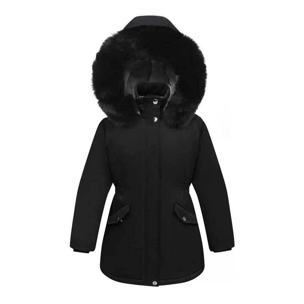 Подростковые зимние парки для девочек, детская однотонная куртка с толстой изоляцией на талии и плюшевым капюшоном, пальто, детская одежда, длинная верхняя одежда