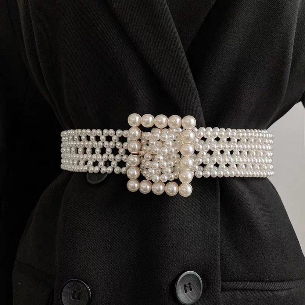 Buckle Coat Belt Elastic Band Beadeds Body Chain Elegant Pearl Waist Belt Women
