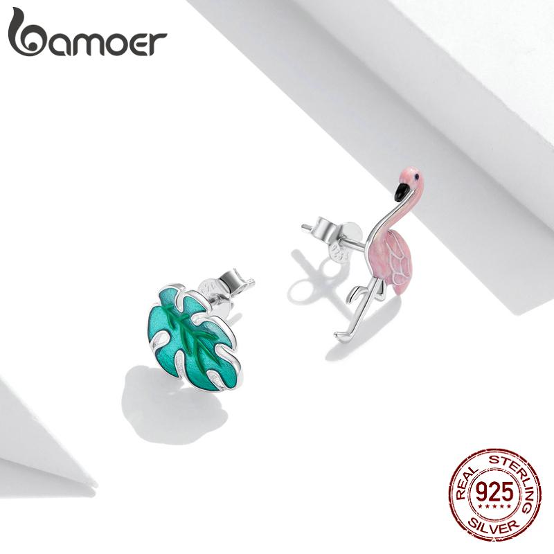 Серьги-гвоздики BAMOER из стерлингового серебра 925 пробы с фламинго и листьями, свежие серьги-гвоздики для девочек, ювелирные изделия