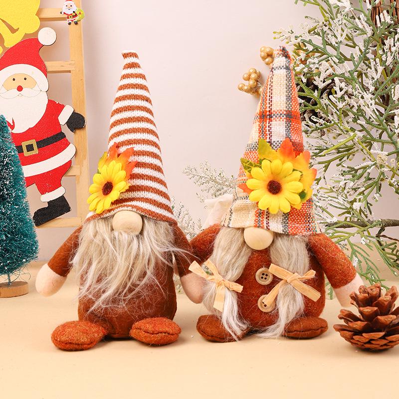 Thanksgiving Gnome Figurine with Sunflower, Maple Leaf, and No-Face Doll Design