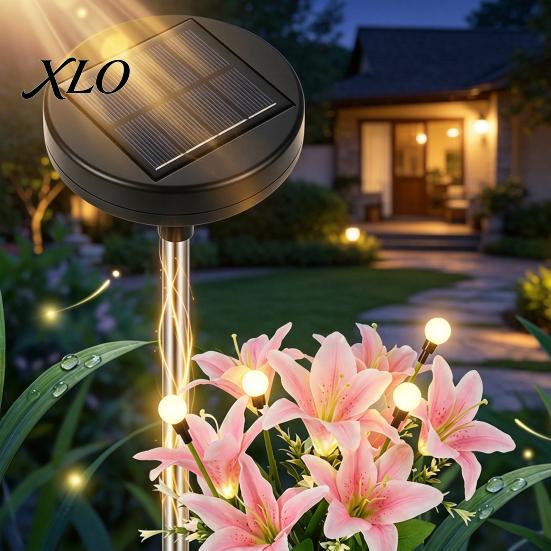 Outdoor Decorative Garden Accents 2Pcs Artificial Flower Solar Lights, Lily Bamboo Wisteria Stake Easy Install Yard Decor Powered Firefly Waterproof