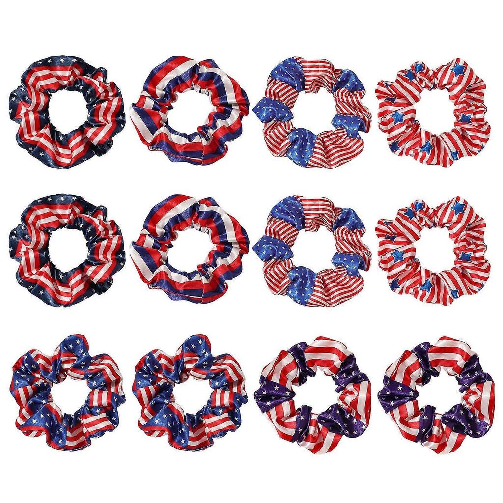 12 Pcs Hair Scrunchies for Women Girls Hair Bobbles American Flag Hair Ties Ponytail Holders Patriotic Elastic Hair Band