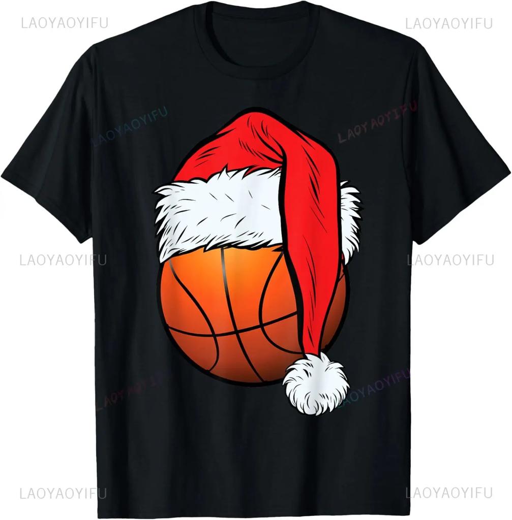 Men's Christmas basketball pattern printed 100% pure cotton short-sleeved T-shirt clothing Camiseta Hombre