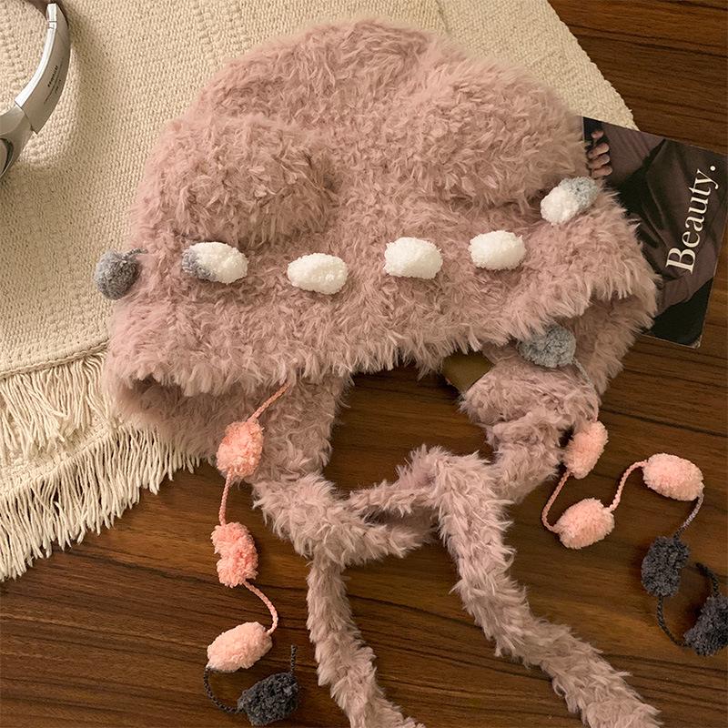 Теплая плюшевая шапка с ушками медведя и кошачьим бантом для женщин – защита ушей на осень/зиму с открытым лицом