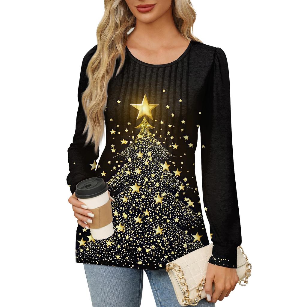 Рубашки с длинным рукавом для женщин Милые принты Графические футболки Блузки Нарядные повседневные блузки Плиссированные туники с круглым вырезом Топы Рождество