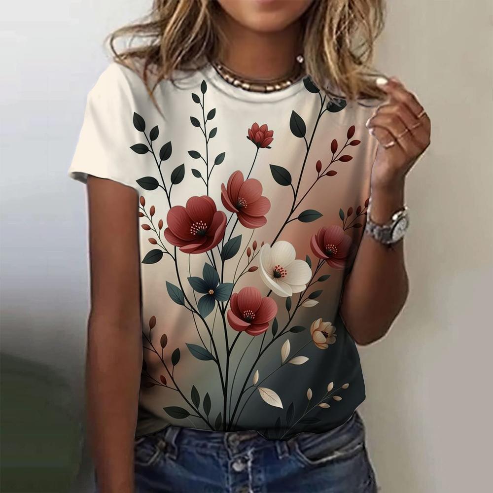 2025 New Summer Temperament Women's Floral Blue Printed Women's T-shirt Round Neck Short Sleeve Street Casual Daily Basic Tops