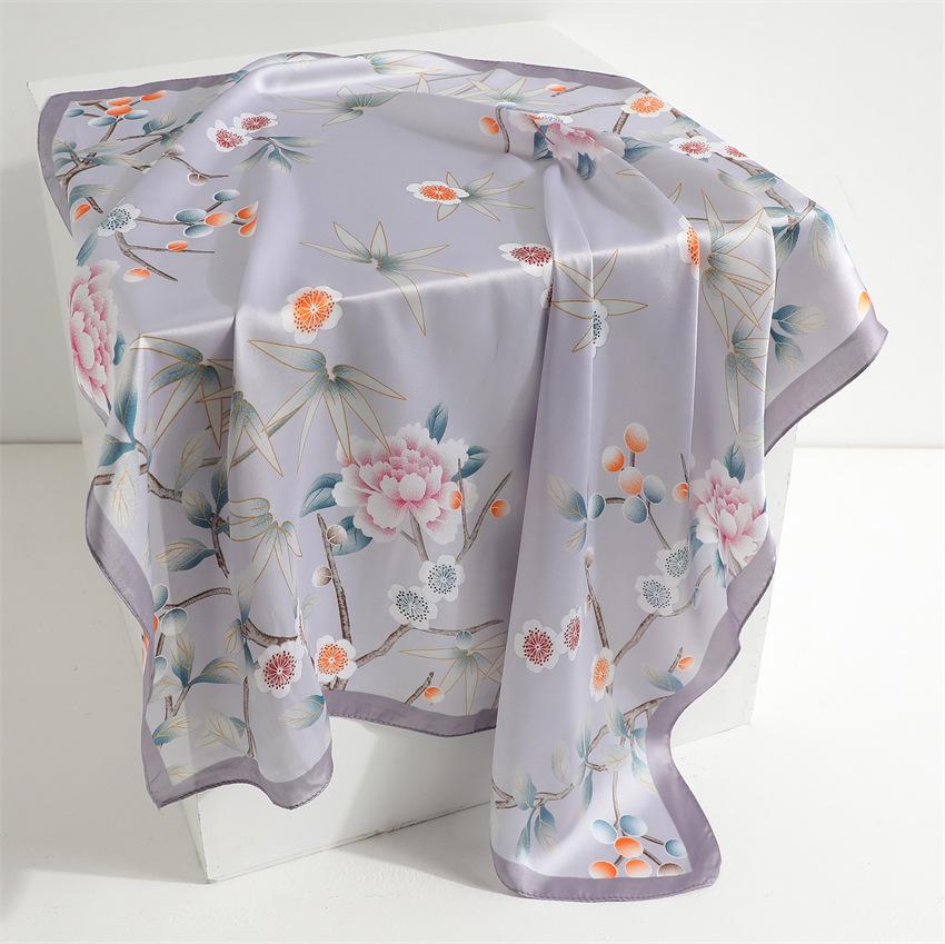 Simulated silk square scarf Professional rose plain and elegant silk scarf New 71cm peony scarf Sunscreen shawl Women's flower scarf