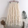 Fashion Elastic Waist Appliques Embroidery Floral Mesh Skirt Casual Flower Midi Skirt for Women High Waist Summer Korean