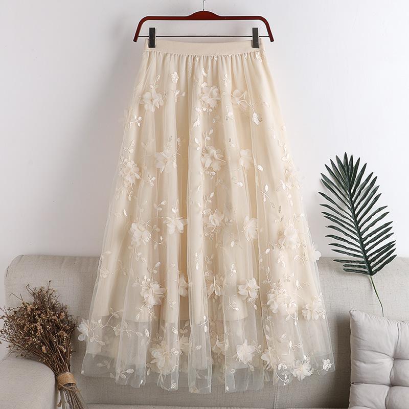 Fashion Elastic Waist Appliques Embroidery Floral Mesh Skirt Casual Flower Midi Skirt for Women High Waist Summer Korean
