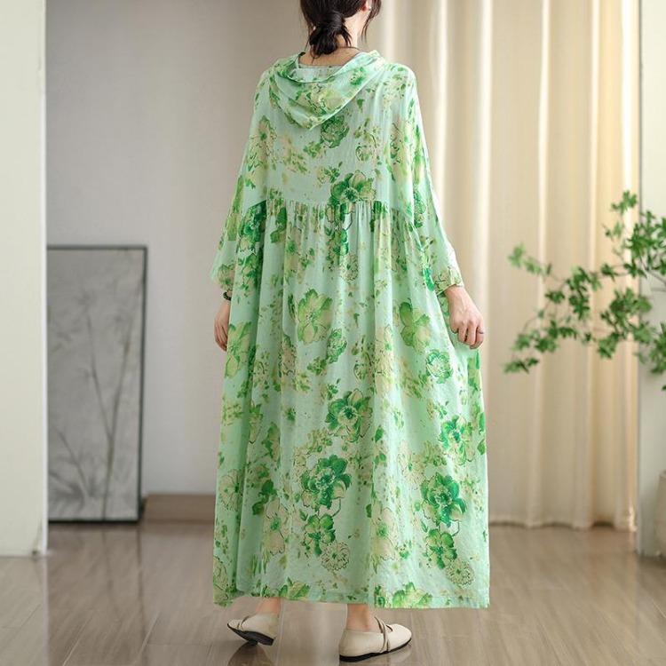 Women Plus Size Floral Print Maxi Dress Casual Loose Long Sleeve O Neck Oversize Long Hat Dress 8109