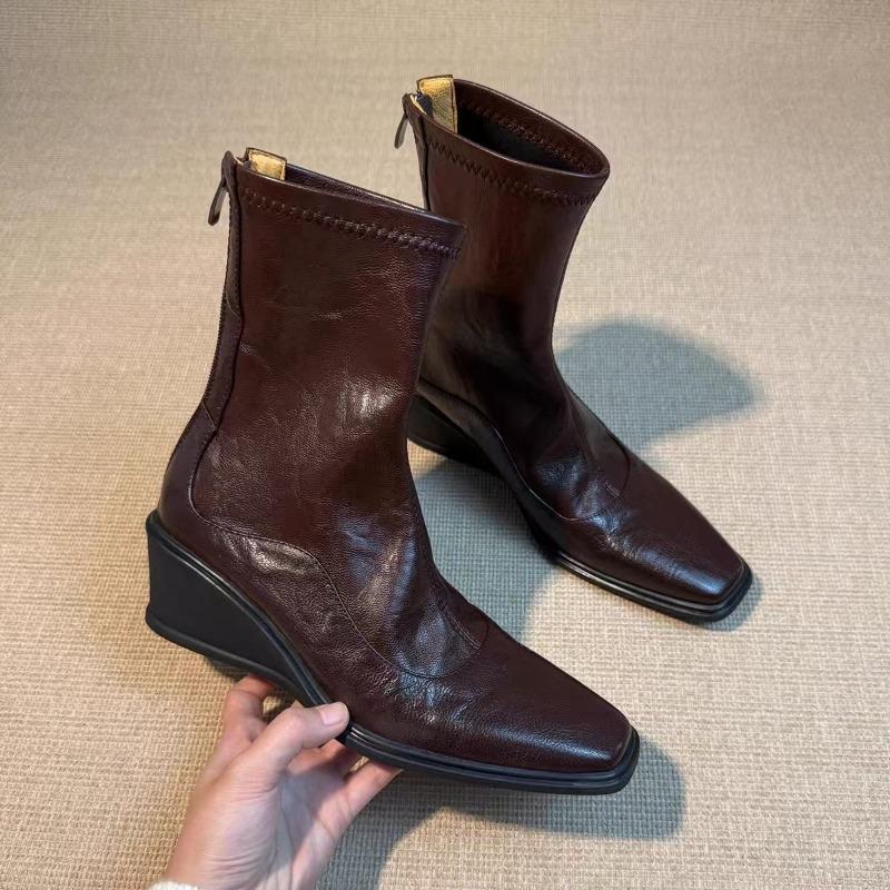 Fashion Feet Women Ankle Boots PU Elegant Ladies Back Zipper Brown Black Low Block Heels Booots Fashion Splicing Square Toe Boots