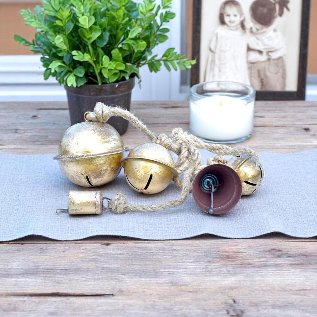 Деревенский золотой металлический колокольчик 22 дюйма длиной с 5 колокольчиками смешанной формы, подвесной декор из джутовой веревки ручной работы для сада и дома