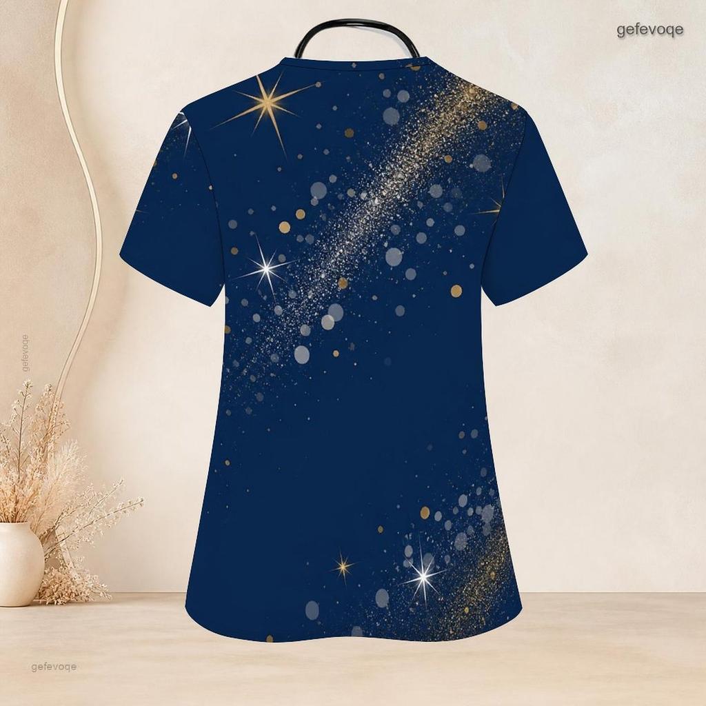 Women Plus Size Keyhole Neck Short Sleeve Star Printed Navy Nurse Scrub Top With Front Pockets