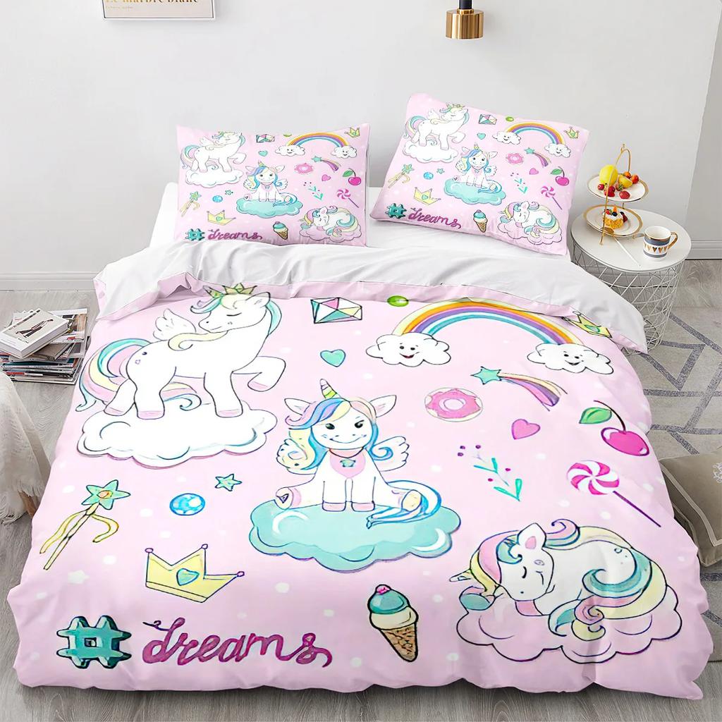 Unicorn Duvet Cover King Queen Cute White Cartoon Animal Bedding Set Children Boys Girl Western Fairy Tale Polyester Quilt Cover