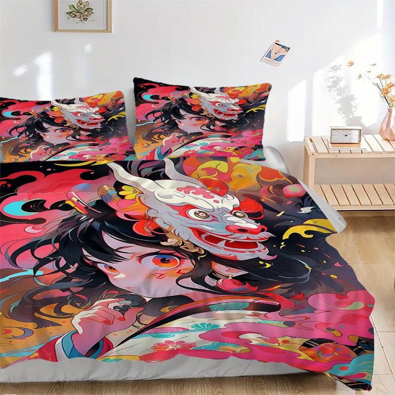 3pcs Whimsical Dragon Mask Quilt Set Cartoon Themed Bed Quilt Set Lovely Character Bedroom Decor Bed Quilt Set Four Seasons (1 Cover + 2Pillowcas