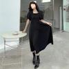 French Style Loose Fit Black Dress With Knit Fabric And Hood For Casual Women