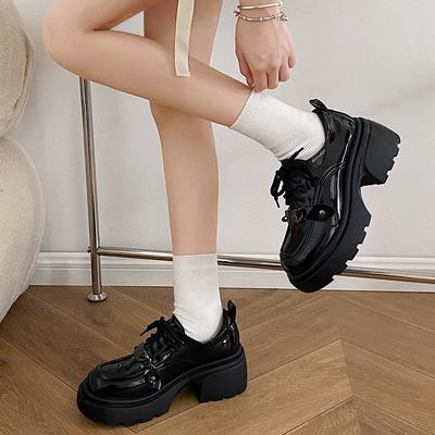 Черные кожаные туфли на высокой платформе в британском стиле, женские, новые летние туфли 2025 года, на толстом каблуке с круглым носком, универсальные, со шнуровкой