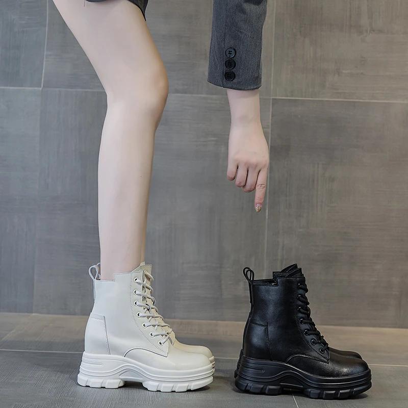 9 см натуральная кожа женские сапоги мотоциклетные ботильоны до середины голени на платформе толстый каблук ботинки осень зима женская обувь черный