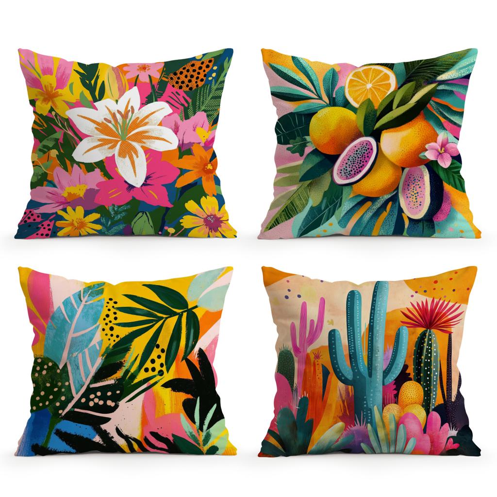 4 Pcs Color Splicing Flowers Single-Sided Printed Pillowcase Cushion Cover,Suitable For Living Room,Bedroom,Car Decoration