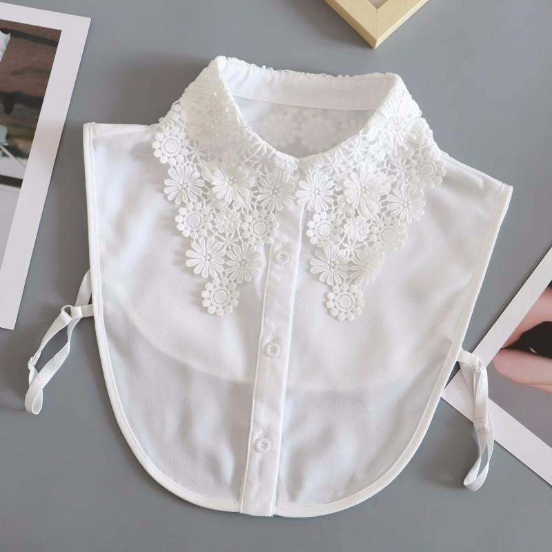 White Chiffon Fake Collars Woman Vintage Half Shirt False Collar Woman Embroidery Detachable Lapel Collar Faux Col Accessories