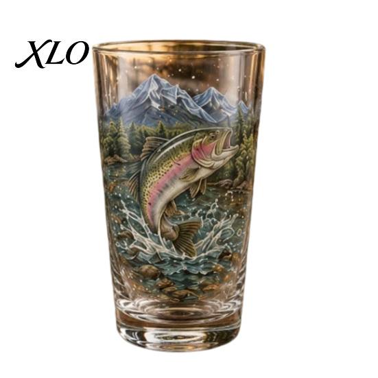 Outdoor Camping Drinkware Fishing Pint Glass Cup, Realistic Jumping Fish Pattern Design, Thickened Mountain Scenery Cups Creative Cup for And