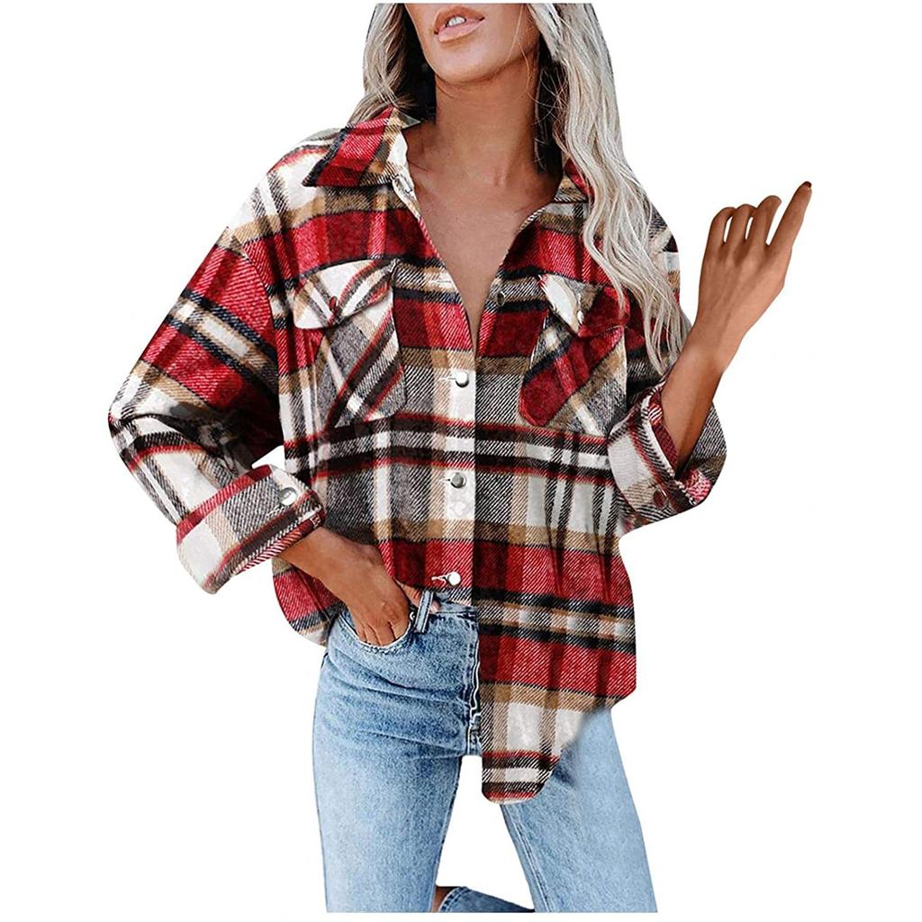 Женские клетчатые рубашки с начесом, фланелевая куртка с длинными рукавами и лацканами на пуговицах и карманами, фланелевая куртка, пальто