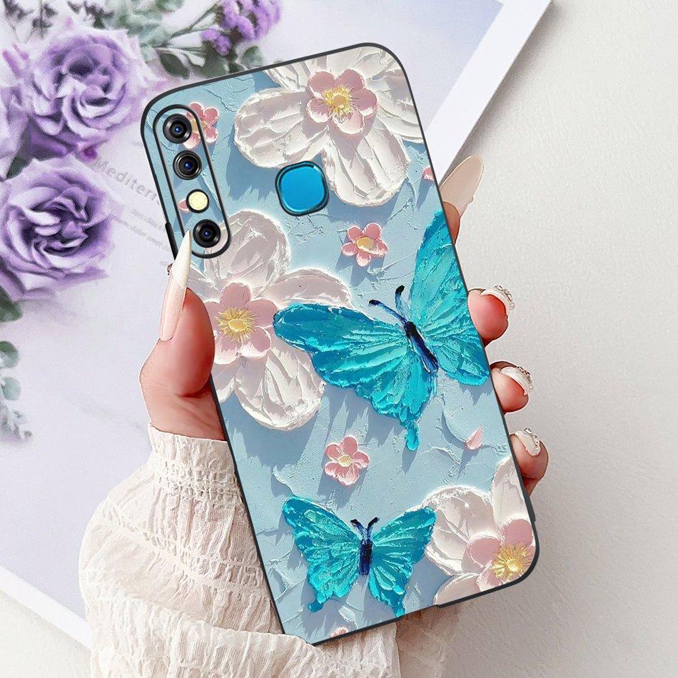 For Infinix Hot 8 Phone Case Hot 8 Lite Hot8 X650 X650C X650B X650D Elegant Floral Cat Pattern Black Silicone Soft TPU Cases