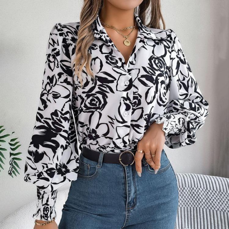 Элегантная женская блузка с цветочным принтом, V-образным вырезом и длинными рукавами для весенне-осеннего сезона