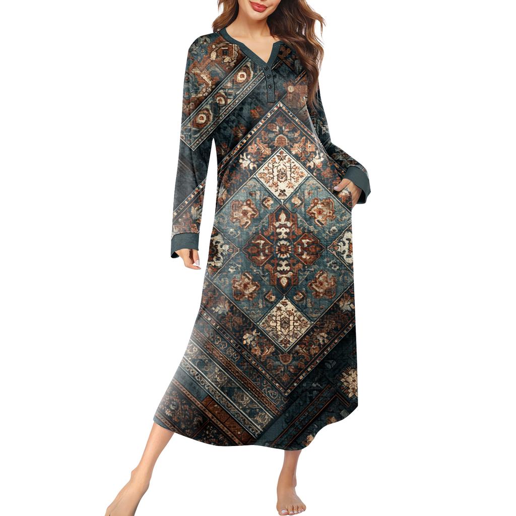 Женская ночная сорочка длинная домашняя одежда с V-образным вырезом и карманами