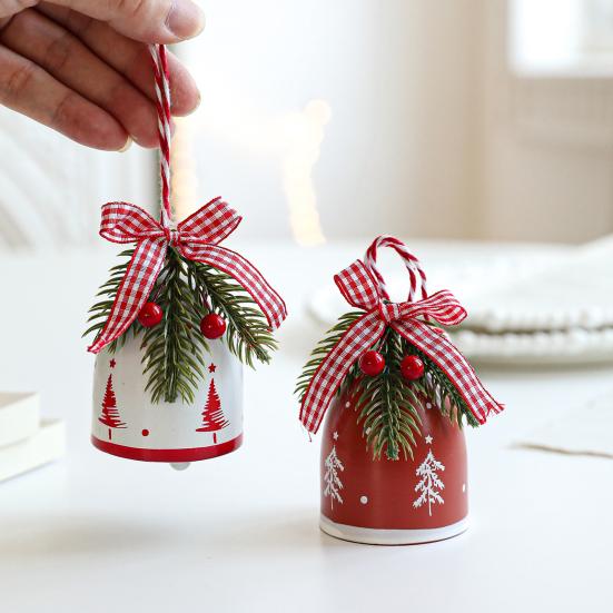 Rustic Christmas Bell Ornaments with Artificial Pine And Red Berries Vintage Metal Jingle Bells Hanging Decoration for Tree Door Wall
