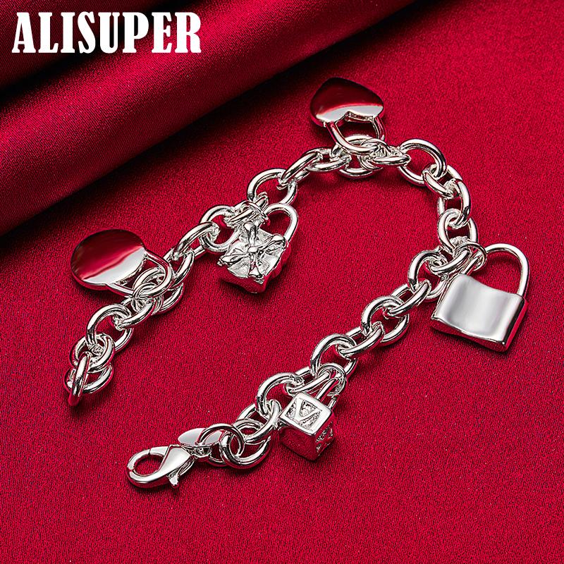 925 Sterling Silver Bracelet Heart / Circle / Square Lock Bracelets Jewelry