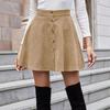 Women High Waist Button Retro Corduroy Solid Color A Line Skirt