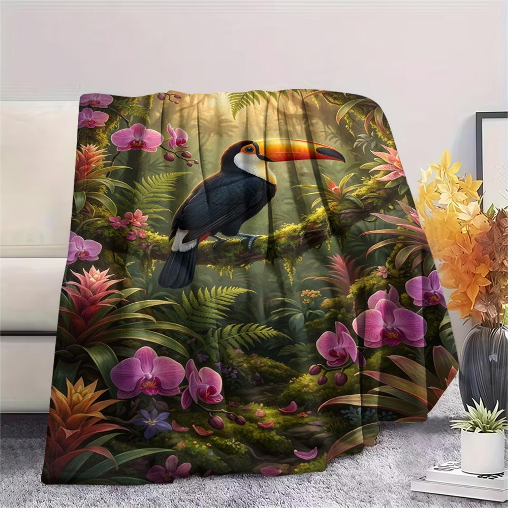 1PC Seasonal Toucan Art Print FlAannel Blanket, High quality Comfortable for All Seasons, Home Decor, Warmth and Comfort