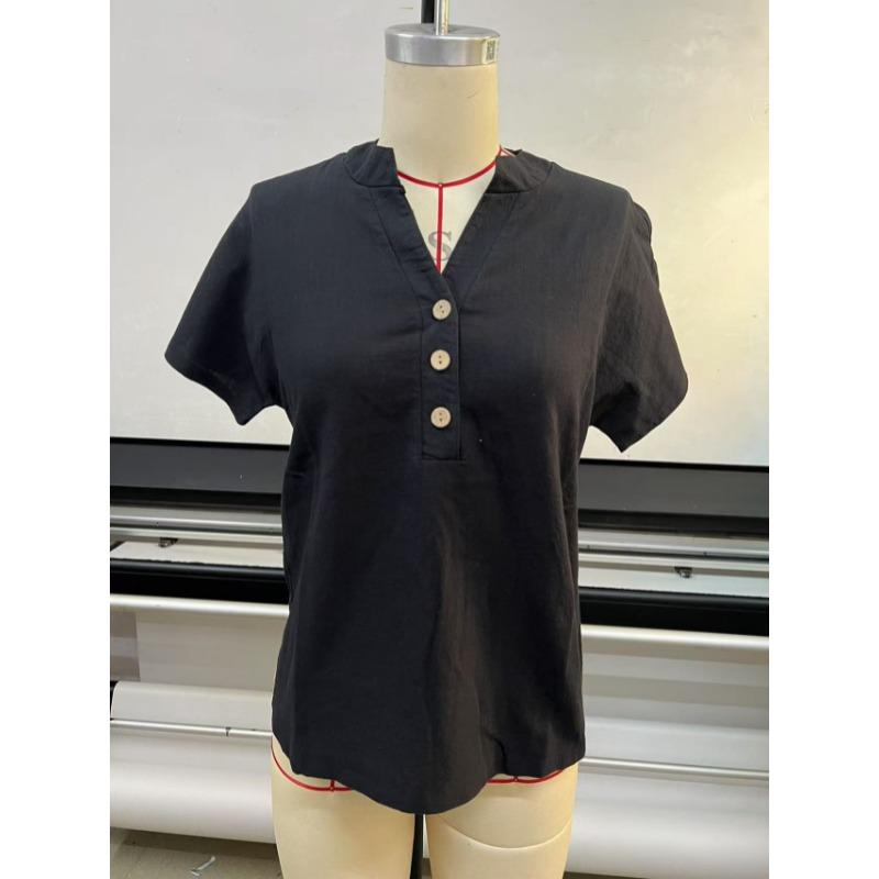 Summer Short Sleeve Loose Women Blouse New V-neck Button Retro Cotton Shirts Office Casual Simple Tops Shir… More