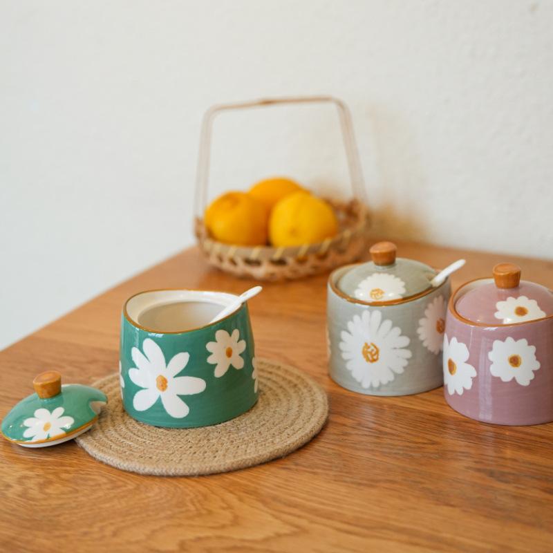 3pcs Ceramic Seasoning Jar, Hand Drawn Pattern Kitchen Seasoning Box, Sugar Jar Salt, Household Chili Oil Jar