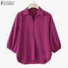 Womens Casual Turn Down Collar Loose 3/4 Sleeve Plain Blouse