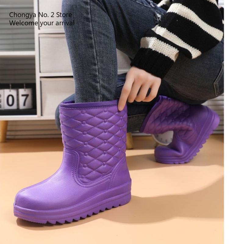 Waterproof Fleece Snow Boots Women's Mid-calf Water Boots Warm Water Boots Women's Rubber Shoes Kitchen Cotton