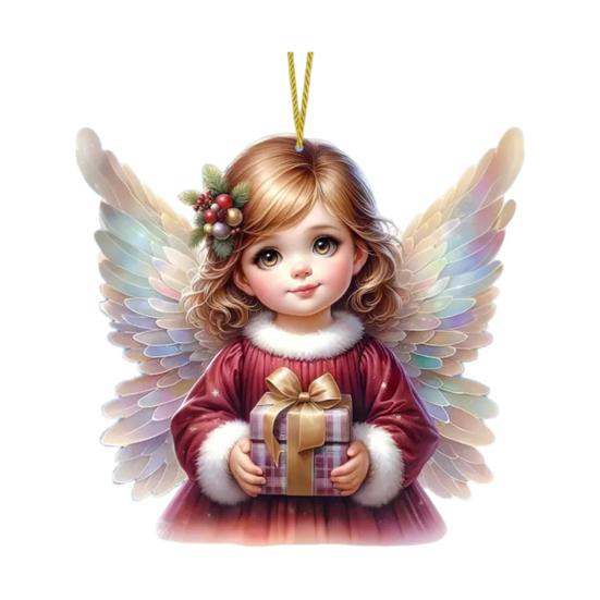 Christmas Tree Ornament with Lanyard Easy To Hang 2D Little Angel Girl Hanging Pendant Car Bag Keychain Decoration