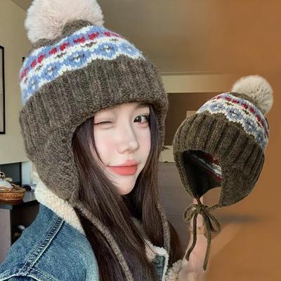 Вязаная шапка в стиле Fair Isle для женщин, этнический жаккардовый зимний теплый колпак с защитой ушей, для девочек, противохолодный, снежный, лыжный, с наушниками, берет