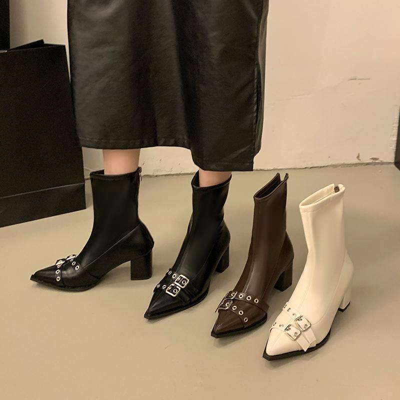 Модные Aphixta Роскошные Кожаные Женские Ботильоны Металлическая Пряжка Застежка-молния сзади Современные Ботинки Обувь Женские Ботинки botines para mujeres