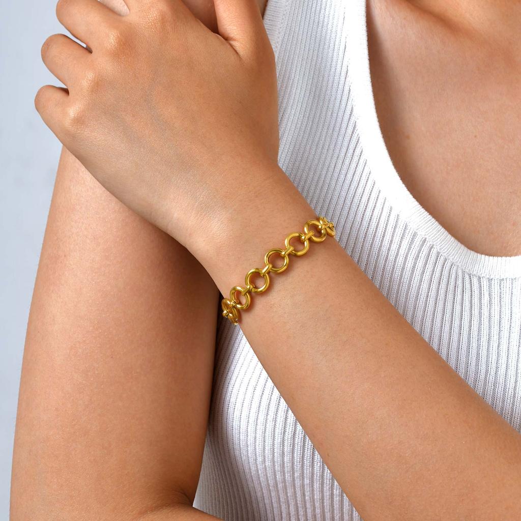 Women's Fashion Exquisite Zircon Handmade Round Chain Bracelet, 18K Gold-plated Stainless Steel Wristband, Luxury Jewelry Gift