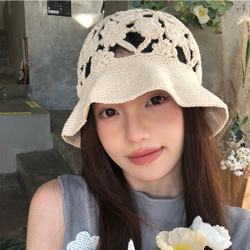 Японские вязаные крючком шапки-ведра ручной работы для женщин, летние, осенние, тонкие, дышащие, модные, универсальные, сладкие, вязаные шапки-ведра