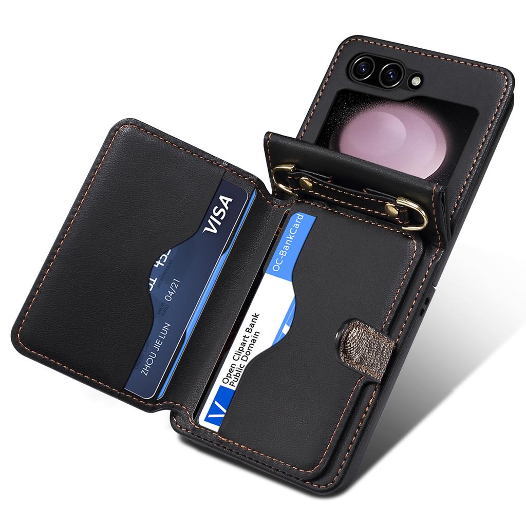 For Samsung Galaxy Z Flip6 5G Case Splicing Color Leather Phone Cover with Card Slot Holder Lanyard