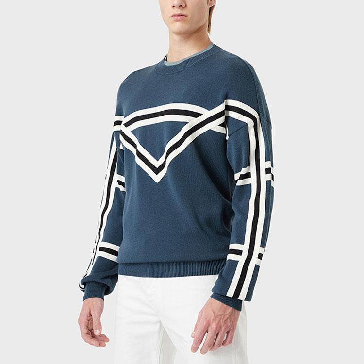 Emporio Armani Свитер мужской вязаный с полосками Color Block, хлопковый, с круглым вырезом, длинный рукав, синий 3L1MTD-1MDCZ-0948